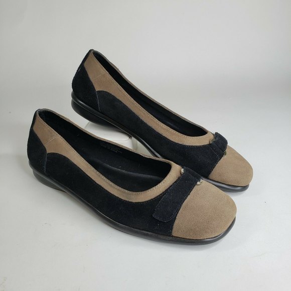 Aerosoles Comfort what's what Jump On Suede Ballet Flats Beige Tan Black Size 7M - Picture 1 of 7
